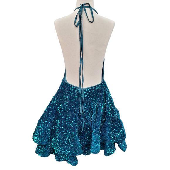 NWT Teal Halter Scoop Neck Sequin Short Dress - Picture 2 of 13